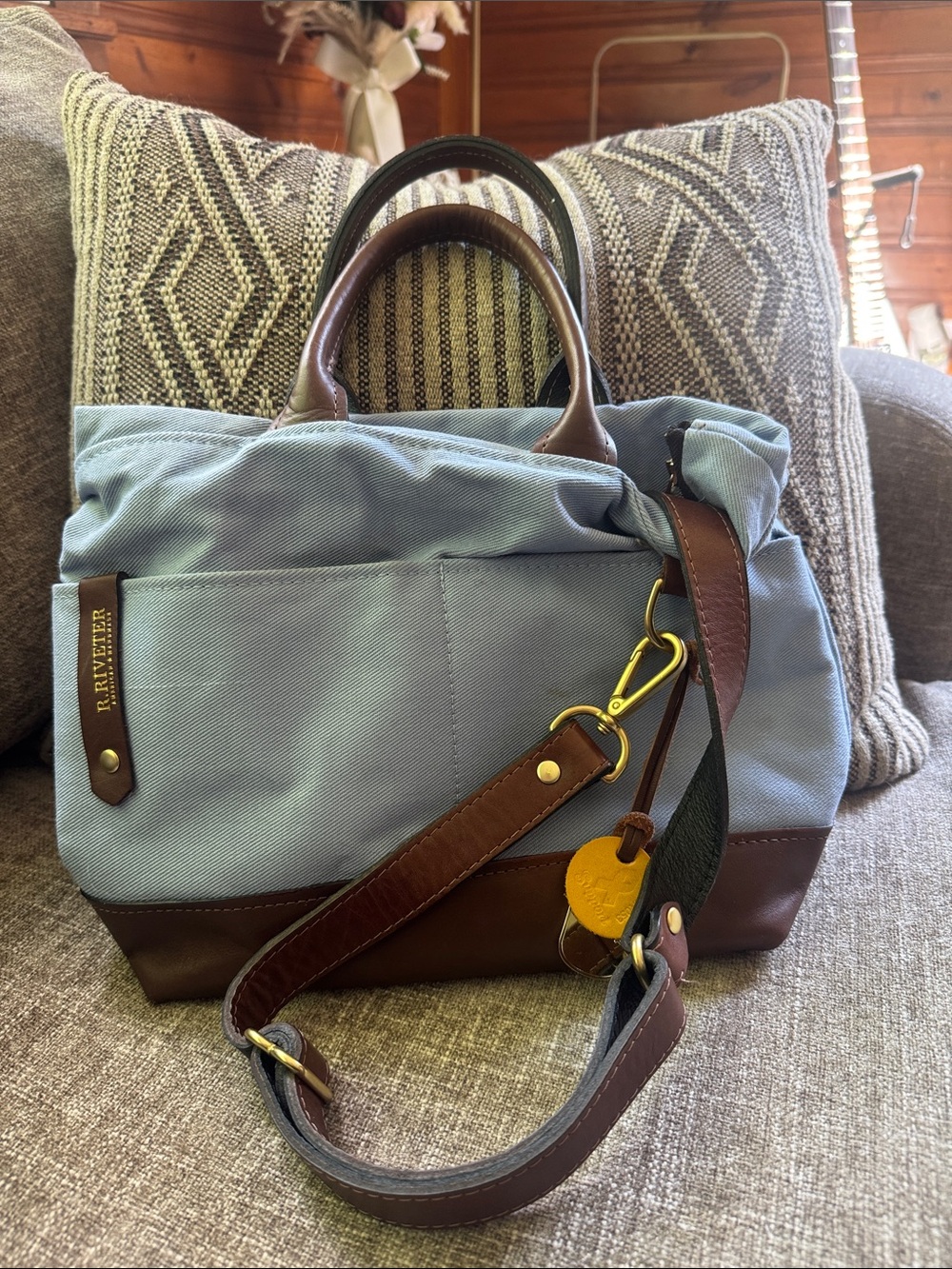 R. Riveter Blue Canvas & Brown Leather Satchel with pouch